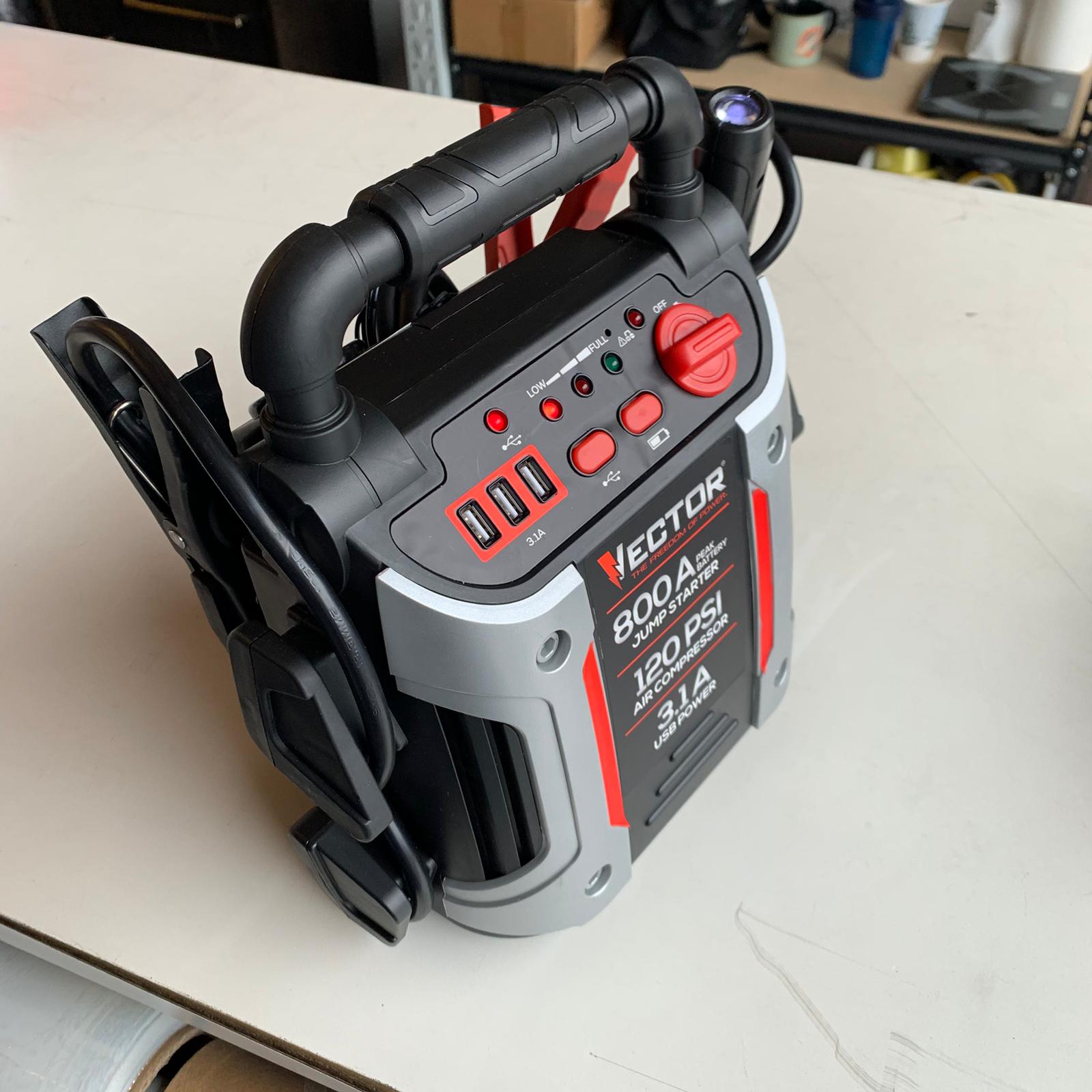 800 Peak Amp Automotive Jump Starter, Portable Power - Triple 15W USB Ports, 120 PSI Air Compressor (J7CV) 800 Peak Amp Automotive Jump Starter, Portable Power - Triple 15W USB Ports, 120 PSI Air Compressor (J7CV)